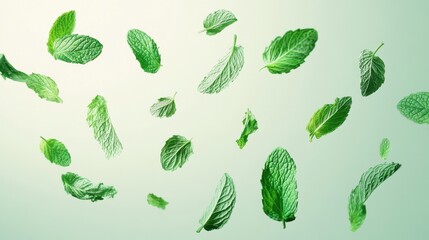 Wall Mural - fresh mint leaves suspended in air on neutral background - natural and vibrant concept\