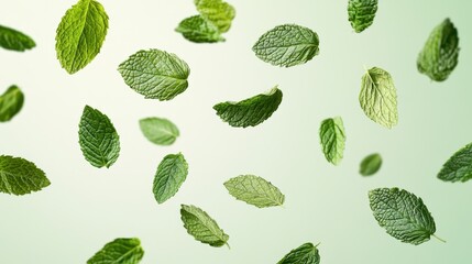 Wall Mural - fresh mint leaves in mid-flight on neutral background - natural and vibrant herbal concept