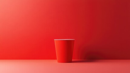 Poster - Bright Red Cup on Solid Red Background, Minimalist Photography Featuring a Simple Disposable Cup with a Smooth Texture, Ideal for Modern Design Aesthetics