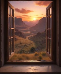 Wall Mural - A window framing a stunning sunset over the valley, warm colors, peaceful valley, sunset