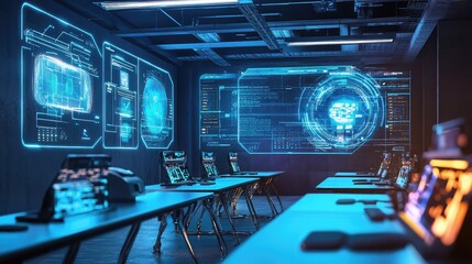 Poster - A futuristic classroom with virtual reality headsets and holographic teaching tools