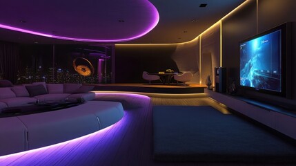 Poster - A futuristic entertainment lounge with a curved digital display and LED ambient lighting