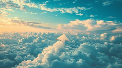 Aufkleber - A bold arrow directs attention skyward, surrounded by soft clouds illuminated by warm twilight hues. This moment invites dreams of possibility and adventure in the endless expanse above