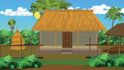 Wall Mural - Straw roofed mud cottage with a cowshed and a straw pile sorrounded by a wooden fench.Village house vector Illustration