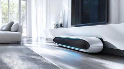 Poster - A futuristic soundbar creating a surround sound experience in a minimalist living room