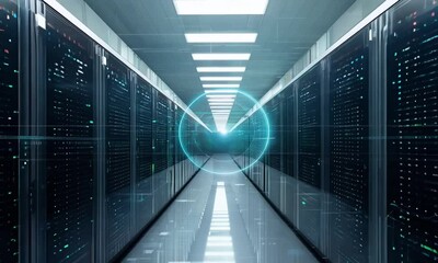 Poster - Explore the vastness of a modern data center illuminated by bright lights and advanced technology for seamless connectivity and storage. Generative AI