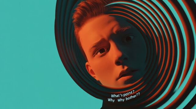 Negative Thought Cycles, A person gazes thoughtfully, surrounded by swirling colors, with a text overlay reflecting on the nature of perfection and personal struggle.