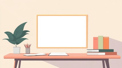 Poster - A minimalist home learning setup with a desk, whiteboard, and a stack of books
