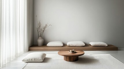 Poster - A minimalist sitting area with floor cushions and a wooden coffee table