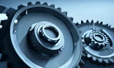 Poster - Exploring the intricate mechanics of gears in a modern industrial setting at dusk. Generative AI