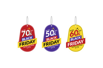 Black Friday offer dangler Vector template design, 50% off, 60% off, 70% off, Black friday realistic hanging sales label collection tag, hang tag sticker multiple color. shopping sale sticker