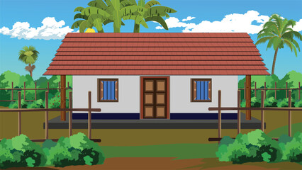 Village Mud house with tiles roof background with trees and banana trees,fence and bushes.Poor farmer cottage