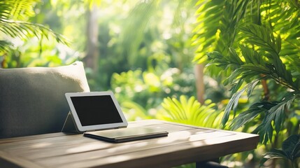 Poster - A serene outdoor study area with a tablet connected to an e-learning platform