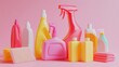© shobakhul - Colorful Cleaning Supplies Arranged On Pink Background