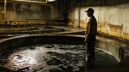 Poster - Inside a wastewater treatment plant, a worker inspects a large aeration tank where microorganisms break down organic matter.