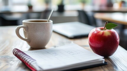 Poster - A teacher's desk with an open lesson planner, a coffee cup, and an apple