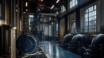 Poster - Inside a waterworks facility, complex machinery churns as it filters, pumps, and delivers water to the city.