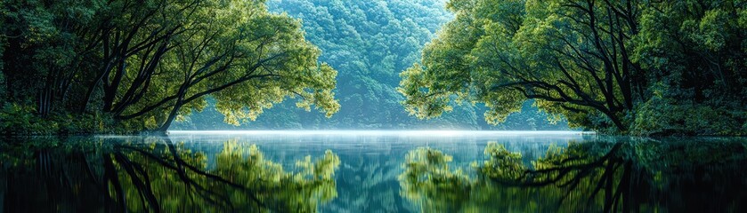 Poster - Lush green forest horizon, trees stretching infinitely in cool tones