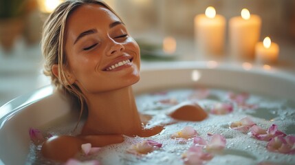 Poster - A woman with a serene expression relaxes in a bubble bath filled with water and flower petals. Soft candlelight creates a calming atmosphere, enhancing her peaceful moment.