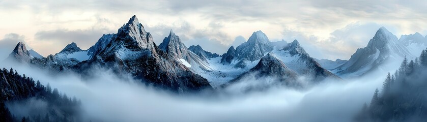 Poster - Layered misty mountains, fading into subtle tones of blue and gray