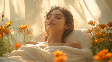 Aufkleber - A woman enjoys tranquility while resting on a soft surface, surrounded by vibrant flowers and gentle sunlight. This moment captures pure relaxation and bliss.