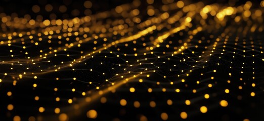 Poster - golden particles flowing in waves, creating a mesmerizing abstract background. bright golden dots on