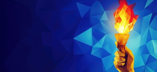 Poster - torch flame symbolizing enlightenment, hand holding torch with vibrant colors, geometric background,