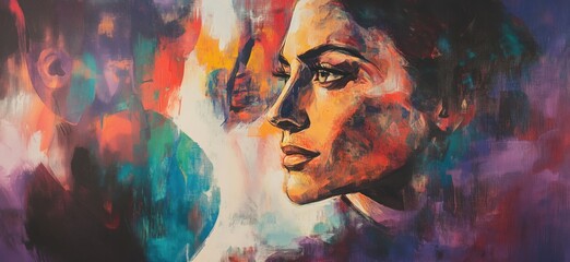 Poster - Vibrant portrait of woman, colorful abstract background, expressive features, artistic brush strokes, emotional depth, copy space for text