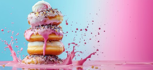 Poster - Colorful donuts stacked with pink icing and sprinkles, vibrant splash effect, pastel background, copy space for text