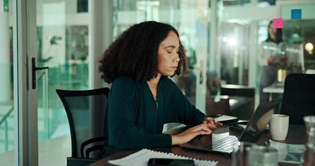 Leinwandbilder - Burnout, headache and laptop with business woman in office for programming or web development deadline. Computer, eye strain and stress with frustrated designer in workplace for problem solving