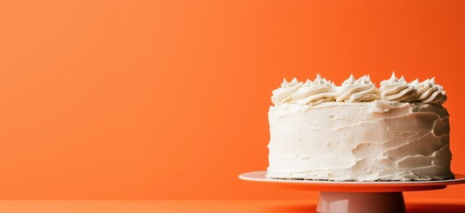 Poster - Cake with white frosting on orange background, round shape, decorative whipped cream topping, simple design, vibrant color contrast, copy space for text