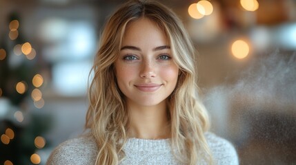 Poster - A young woman with long, wavy hair smiles warmly while wearing a cozy sweater. Soft, glowing lights create a festive atmosphere in the background, enhancing the inviting scene.