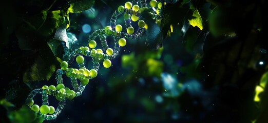 Poster - dna structure with green elements, surrounded by leaves and light effects, symbolizing nature and li