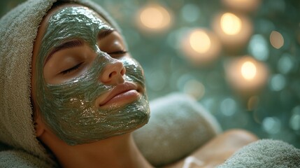 Poster - A woman enjoys a spa treatment while wearing a green facial mask. Soft candlelight creates a tranquil ambiance as she relaxes and indulges in self-care.