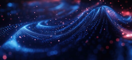 Poster - abstract wave patterns with glowing particles, vibrant blue and red colors, creating a dynamic visua