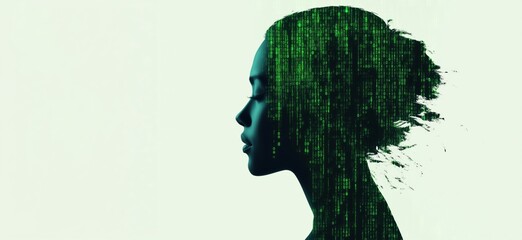 Poster - Silhouette of woman with digital matrix overlay, representing technology and identity, green binary code flowing, artistic concept of AI and data, copy space for text