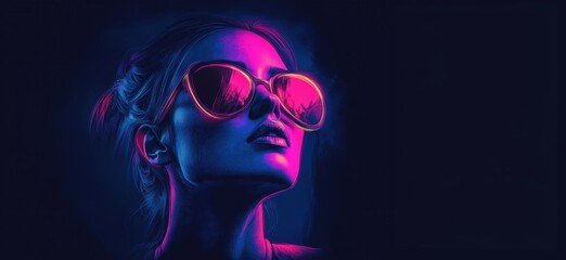 Poster - Neon portrait woman sunglasses, vibrant colors, futuristic aesthetic, glowing reflections, stylish fashion, dark background, copy space for text