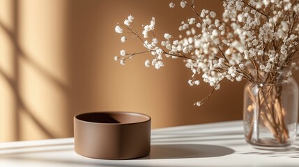 Poster - Beautiful arrangement of dried flowers in a vase with a minimalistic round bowl on a sunlit table