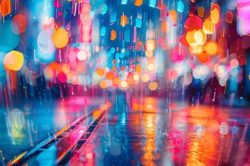 Wall Mural - Vibrant City Lights Reflected in Rainy Streets