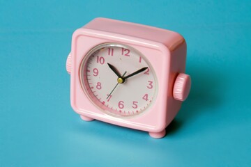 Vintage Pink Alarm Clock on a bright Turquoise Background. Retro alarm clock on a light blue backdrop. Nostalgic. Deadline time concept. Daily routine. 70s Retro Plastic Clock. Time management