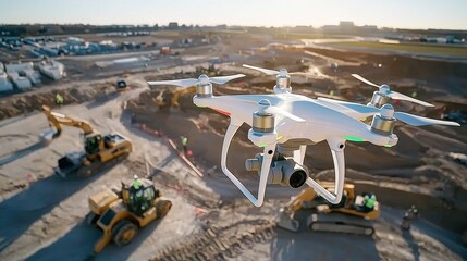 Poster - Aerial drone footage of construction workers and machinery in action in an industrial environment