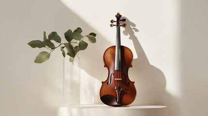 Poster - elegant wooden violin and green plant in a minimalist setting with soft sunlight casting shadows