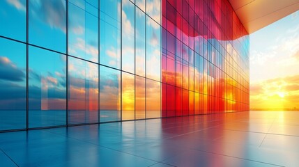Aufkleber - In the glow of sunset, colorful reflections dance upon sleek glass walls, casting a mesmerizing view over a serene horizon where sky and water meet in harmony
