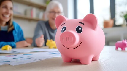 Saving money concept. A cheerful piggy bank symbolizes saving and financial planning in a friendly atmosphere.