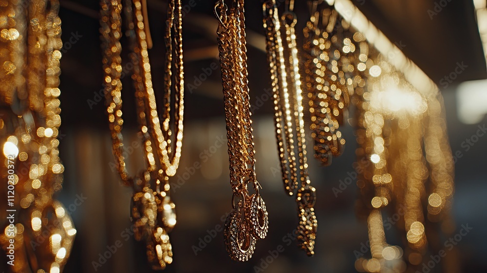 Multiple 18k yellow gold chains hanging on a display rack, reflecting ...