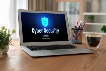 Poster - cyber security system on computer screen protect private information snugly from hacker and cyber at