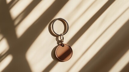 Poster - keychain with round tag casting shadows on a surface in soft lighting