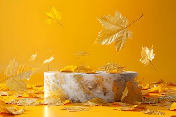 Wall Mural - Vibrant Autumn Scene with Floating Leaves and a Marble Pedestal