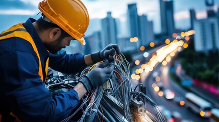 Poster - urban fiber optic repairs by technicians to enhance internet connectivity and infrastructure