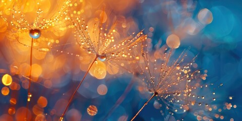 Poster - A vibrant close-up of dandelion seeds glistening with dew against a dreamy blue and orange background.